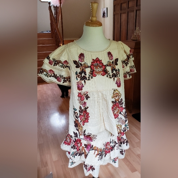 Anthropologie Cream Floral Shirt And Mini Skirt Set